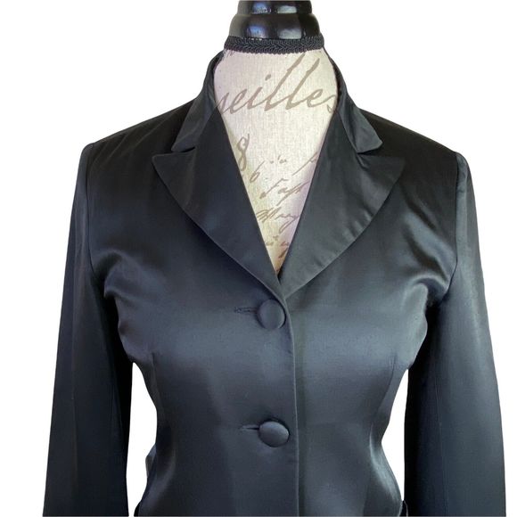 Vtg Tweeds Black Satin 5 Button Slit Long Sleeve Shoulder Pads Blazer Jacket 6 - Picture 2 of 14